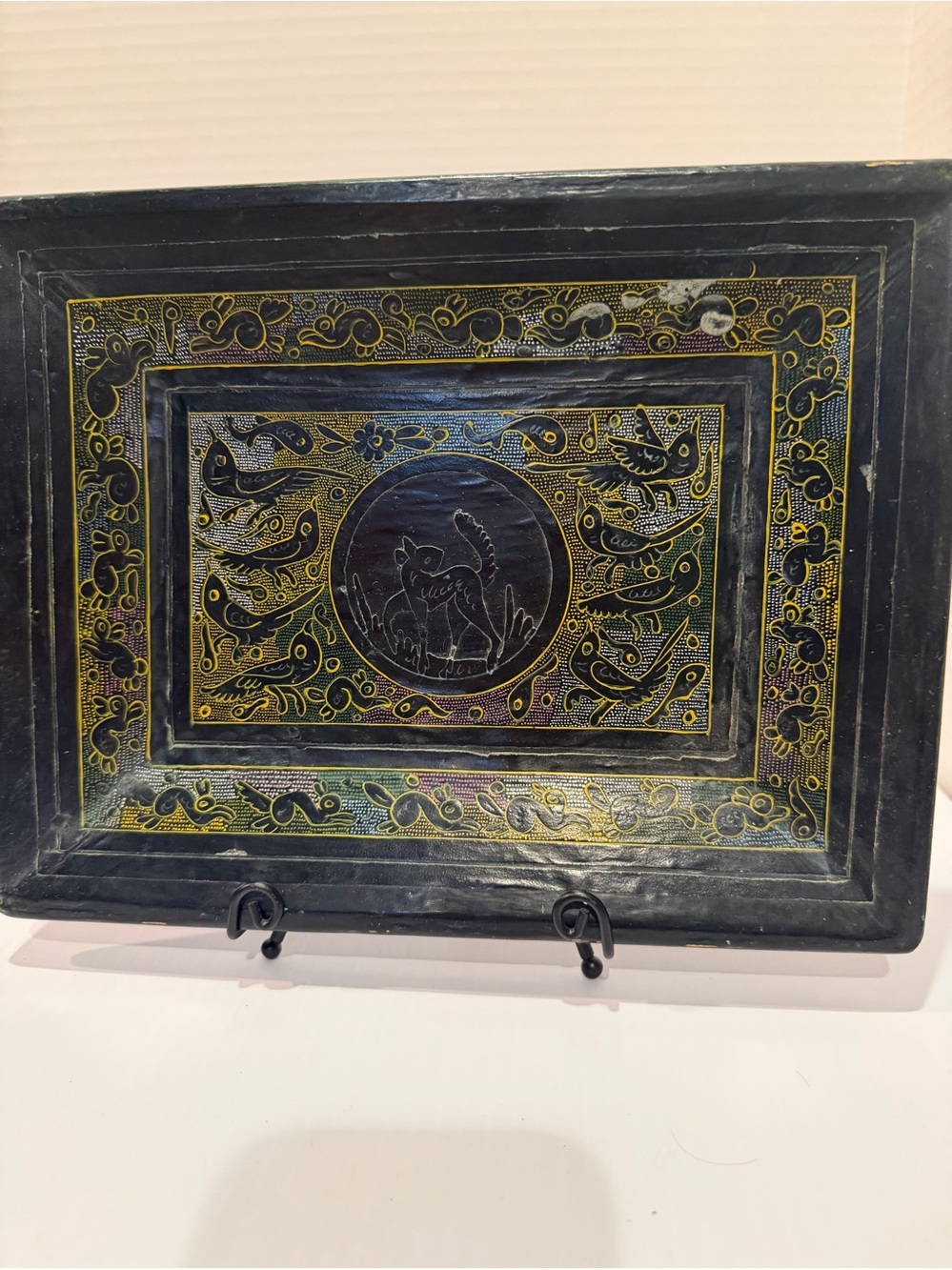 Vintage Olinala Mexican Folk Art Lacquer Wooden Tray Rayado Engraved Birds Cats